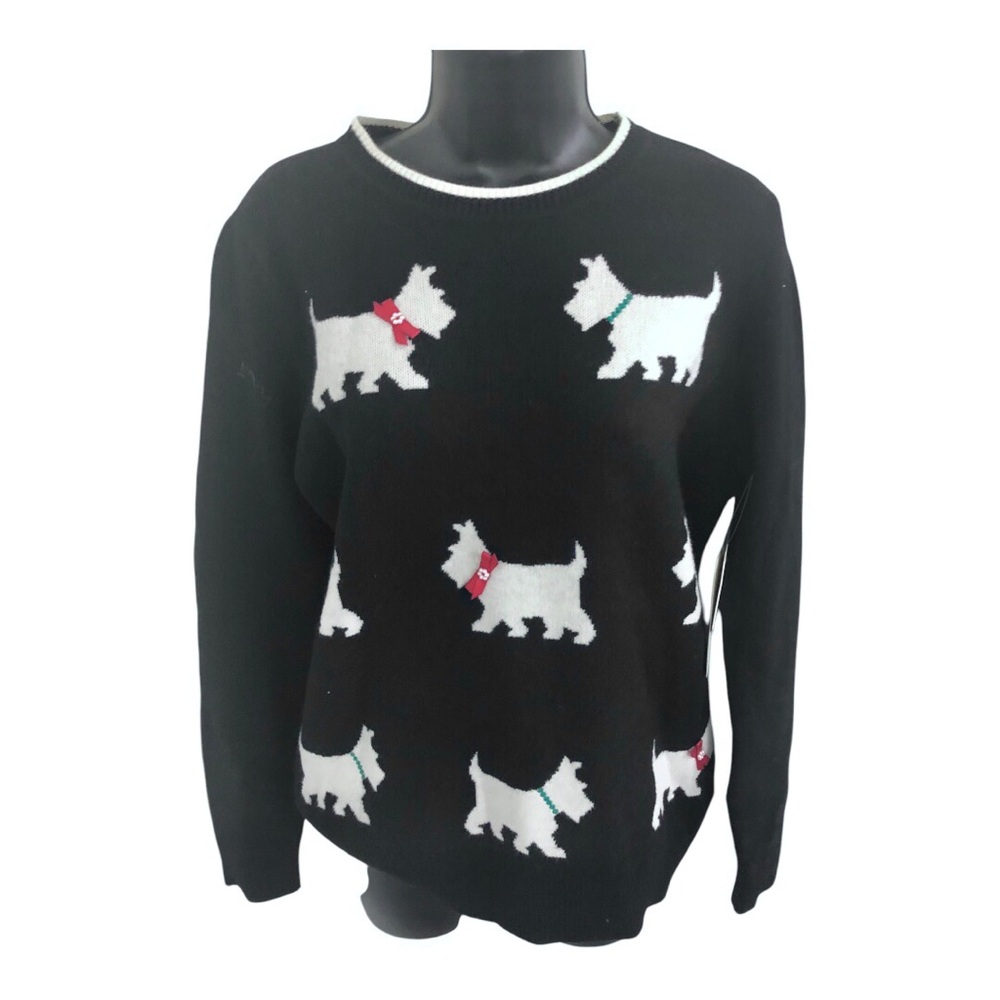 Black and white pearl Terrier dog puppy print embellished sweater size small new